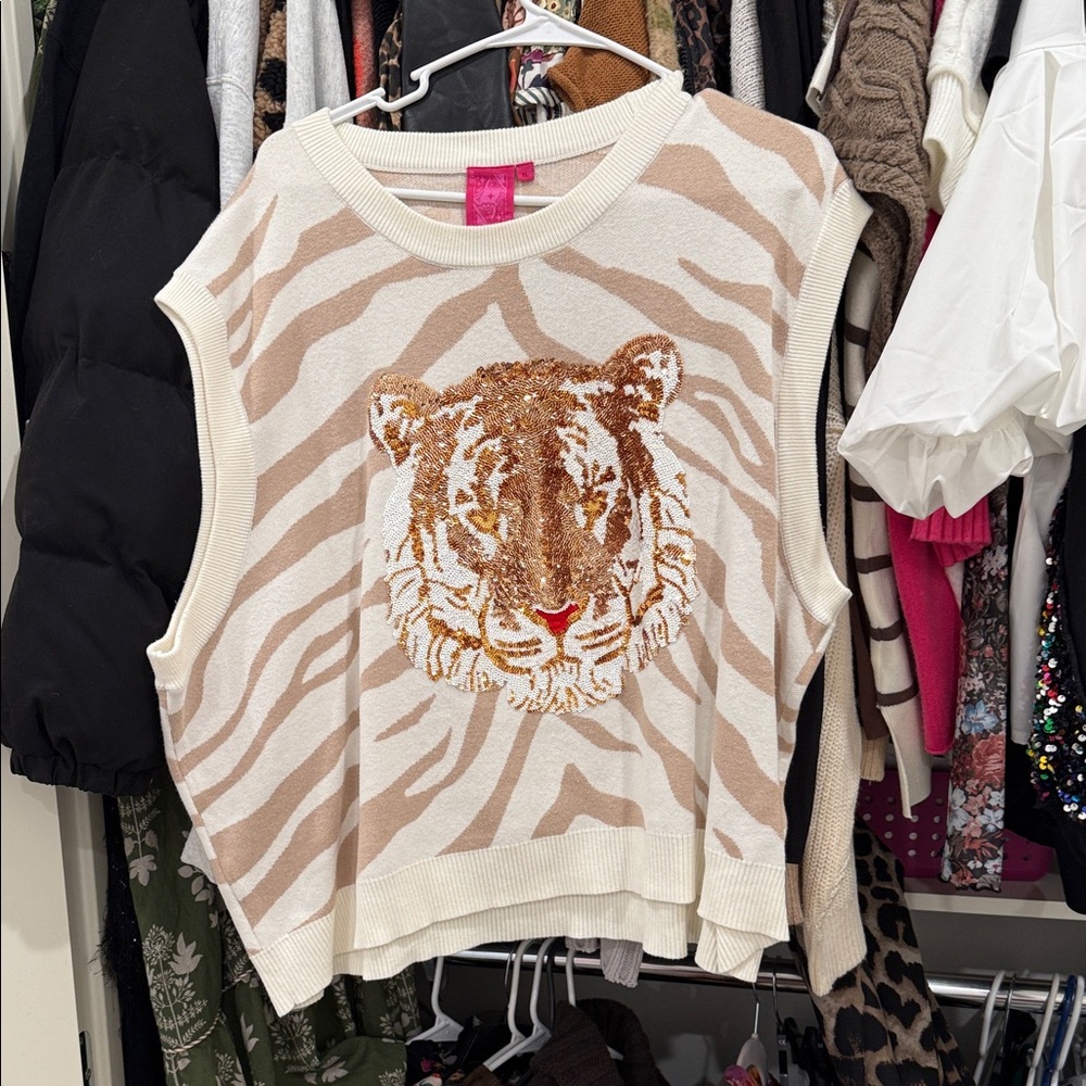 Queen of Sparkles Tiger sequin Print Sleeveless Sweater